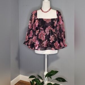 Thirty Thirty Pink Floral Babydoll Sheer Balloon Sleeve Iridescent Blouse Size M